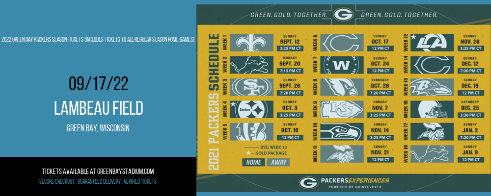 2022 Green Bay Packers Season Tickets (Includes Tickets To All Regular Season Home Games) at Lambeau Field tickets 2022 Green Bay Packers Season Tickets (Includes Tickets To All Regular Season Home Games) at Lambeau Field